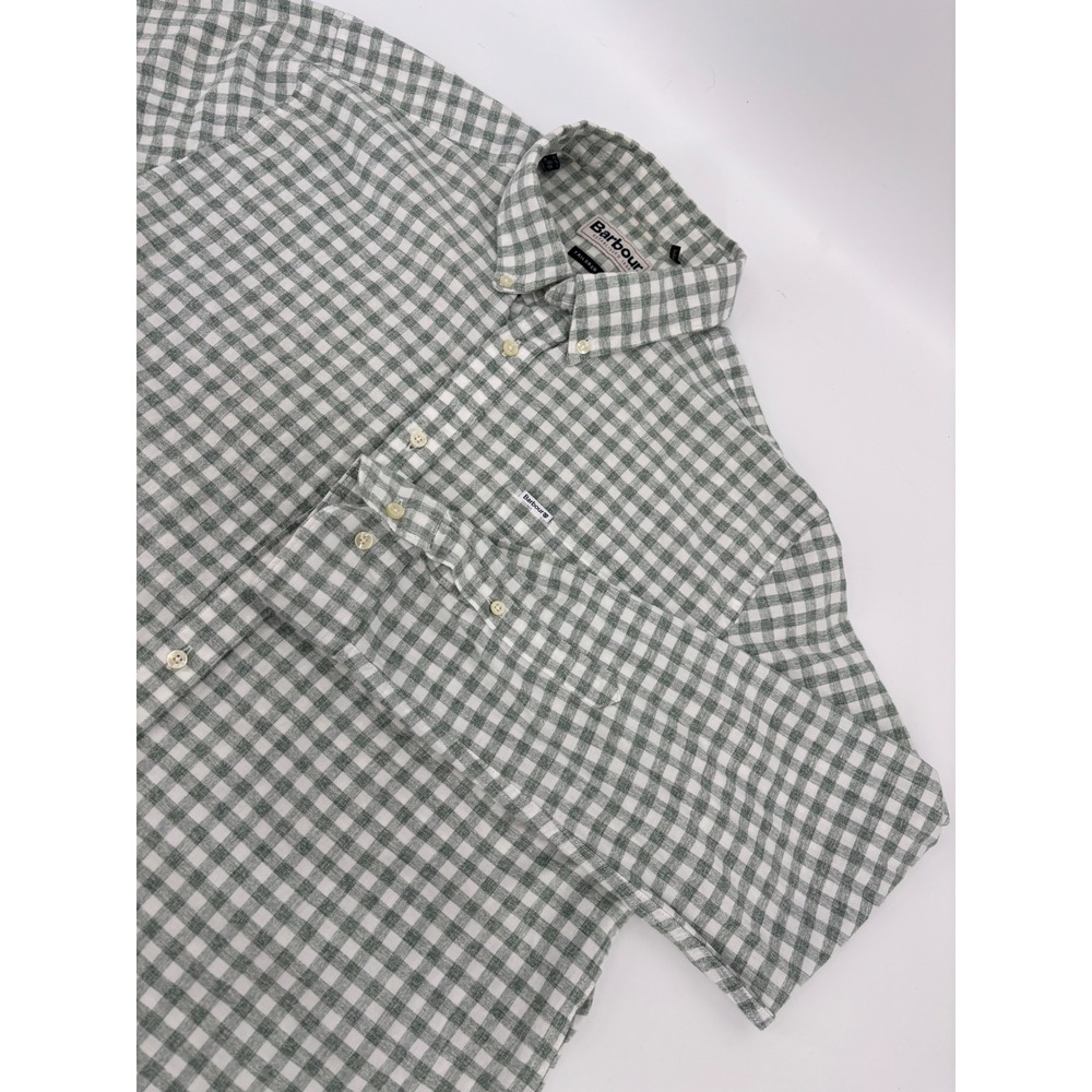 Barbour Mens Tailored Fit Gingham Button Down Shirt Green White Size Large